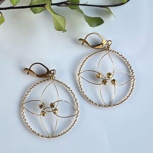 Gold Circular Floral Design Pendant Earrings
